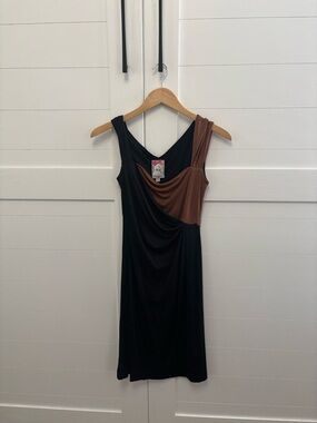 Sleeveless Black and Brown Draped Cocktail Dress